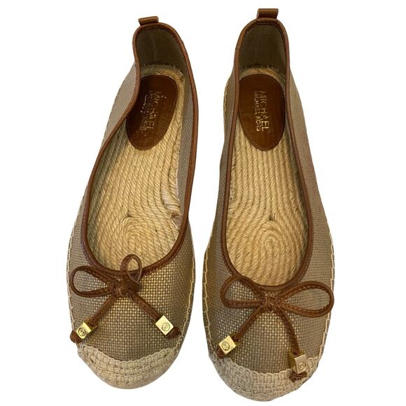 Michael Michael Kors Slip On Bow Jute Espadrilles Ballet Flats Gold Tone Metal - Picture 1 of 10